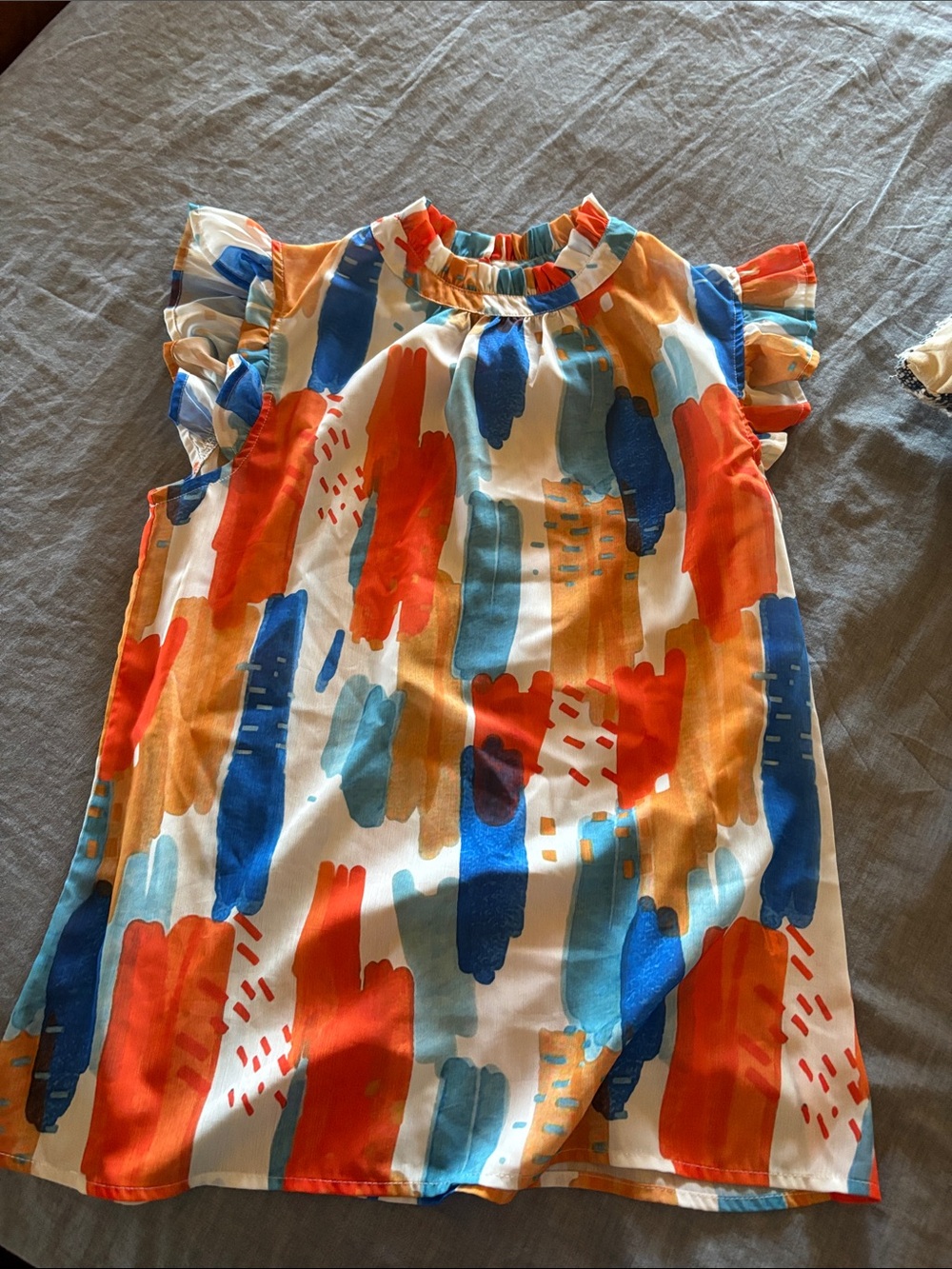 Colorful Brushstroke Flutter Sleeve Dress - Orange, Blue, Cream
